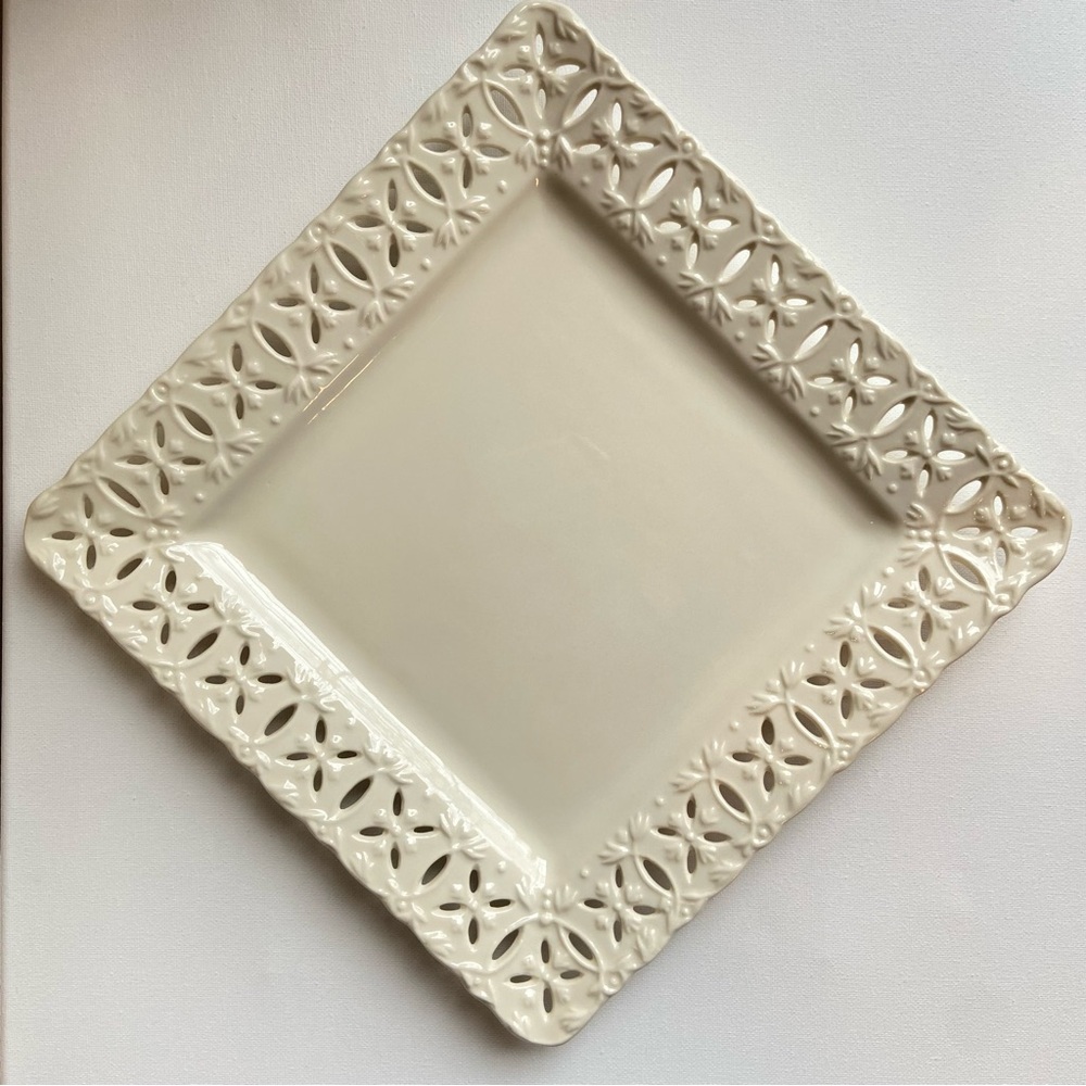 Godinger Regal Cream square serving platter lacy pierced edge creamware 10 in